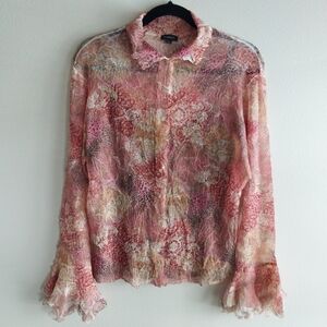 Komarov Pink and Brown Abstract Floral Ruffled Cuff Long Sleeve Romantic Blouse
